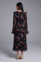 Load image into Gallery viewer, Black Floral A Line Maxi Keyhole Formal Dress with Ruffles