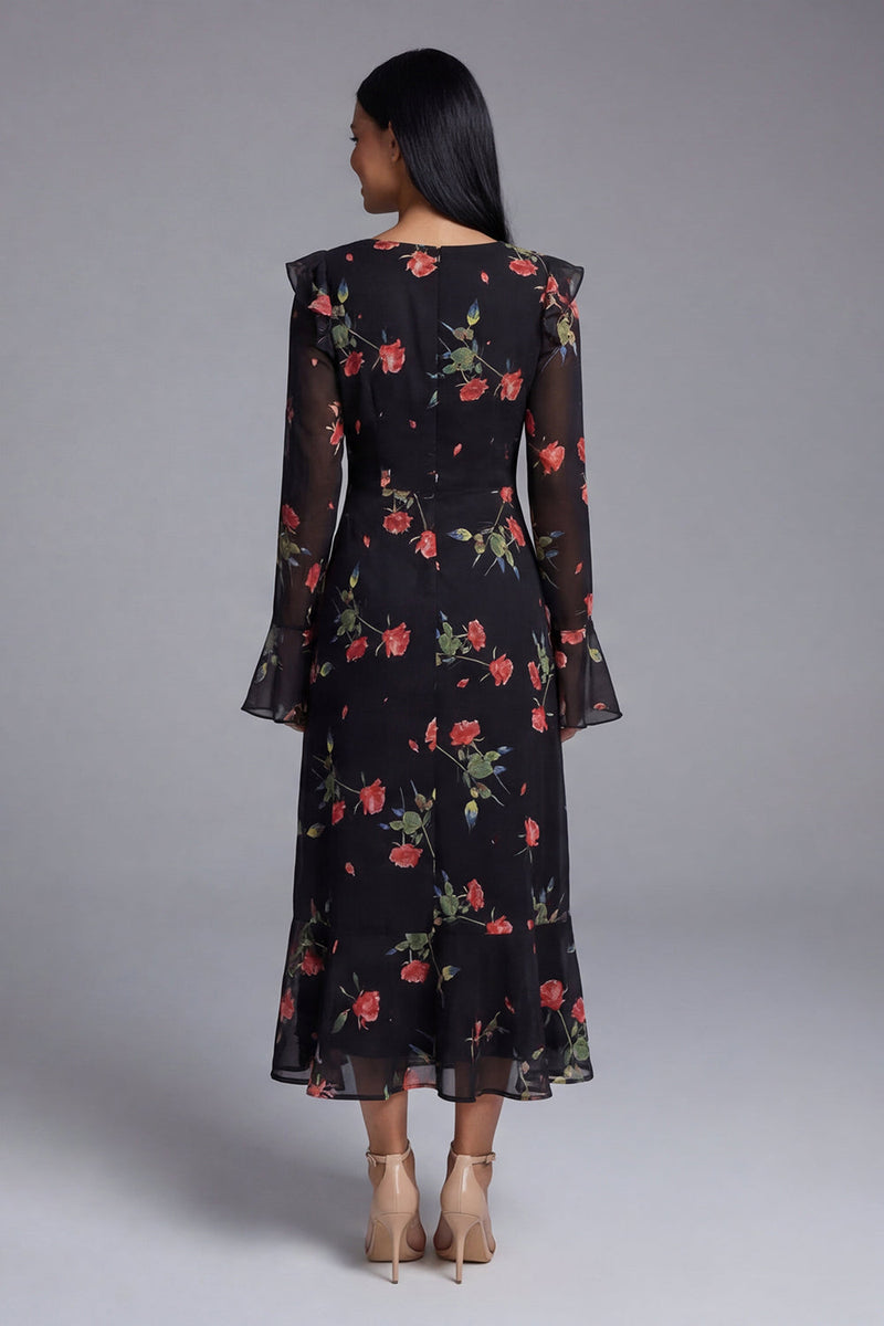 Load image into Gallery viewer, Black Floral A Line Maxi Keyhole Formal Dress with Ruffles