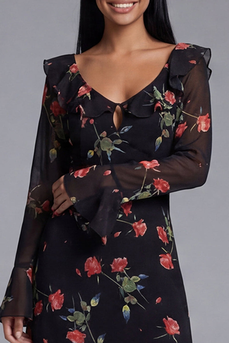 Load image into Gallery viewer, Black Floral A Line Maxi Keyhole Formal Dress with Ruffles