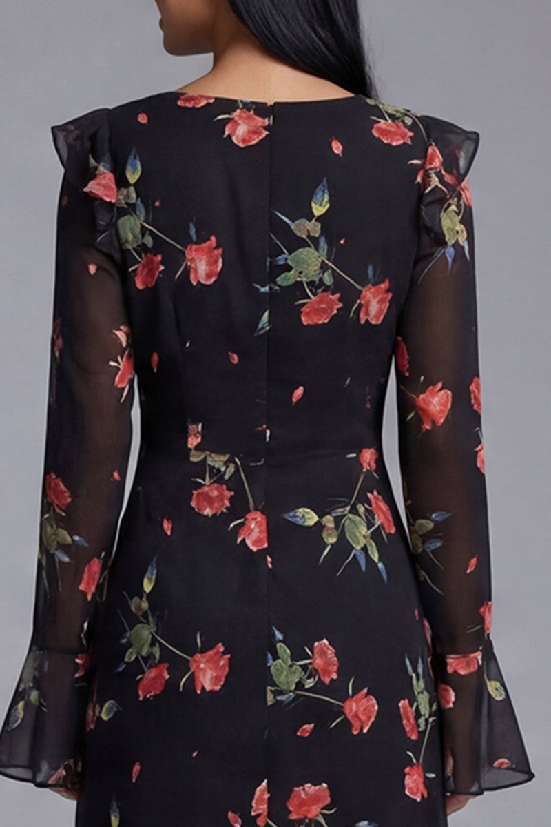 Load image into Gallery viewer, Black Floral A Line Maxi Keyhole Formal Dress with Ruffles