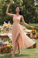 Load image into Gallery viewer, Light Orange Floral Maxi A Line Ruched Formal Dress with Slit