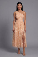 Load image into Gallery viewer, Light Orange Floral Maxi A Line Ruched Formal Dress with Slit