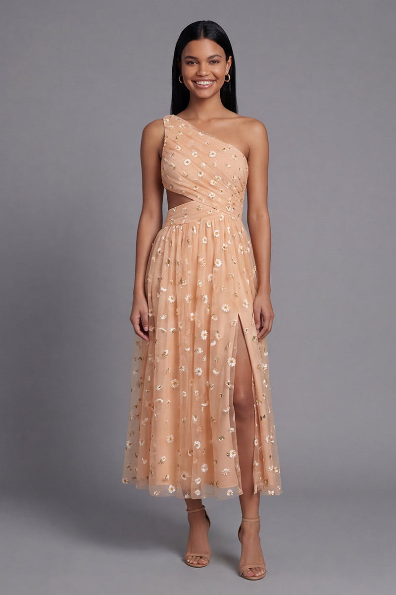 Load image into Gallery viewer, Light Orange Floral Maxi A Line Ruched Formal Dress with Slit