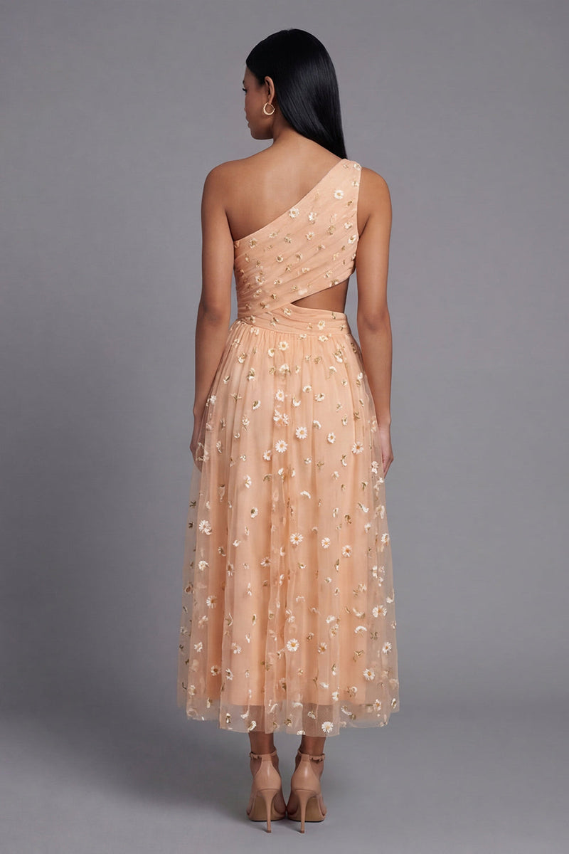 Load image into Gallery viewer, Light Orange Floral Maxi A Line Ruched Formal Dress with Slit