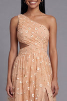 Load image into Gallery viewer, Light Orange Floral Maxi A Line Ruched Formal Dress with Slit