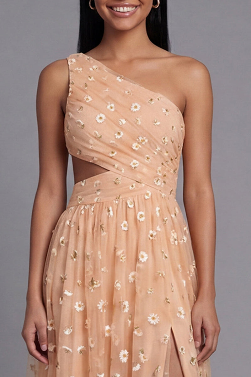 Load image into Gallery viewer, Light Orange Floral Maxi A Line Ruched Formal Dress with Slit