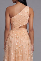 Load image into Gallery viewer, Light Orange Floral Maxi A Line Ruched Formal Dress with Slit