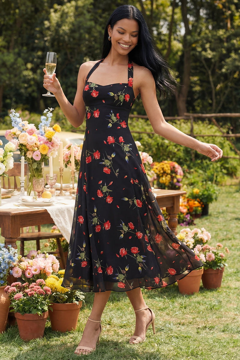 Load image into Gallery viewer, Black Halter Floral Maxi A Line Formal Dress