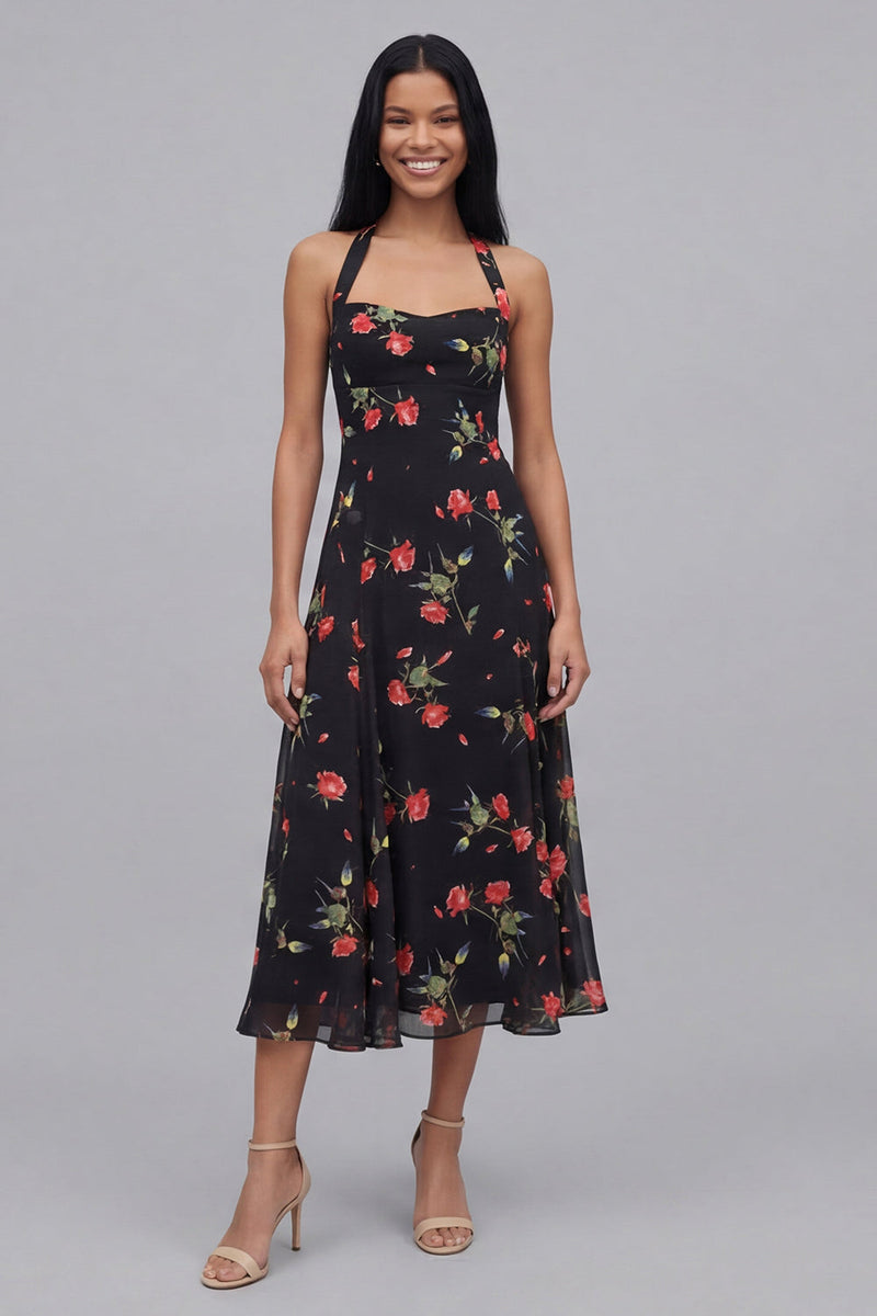 Load image into Gallery viewer, Black Halter Floral Maxi A Line Formal Dress