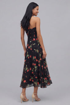 Black Halter Floral Maxi A Line Formal Dress