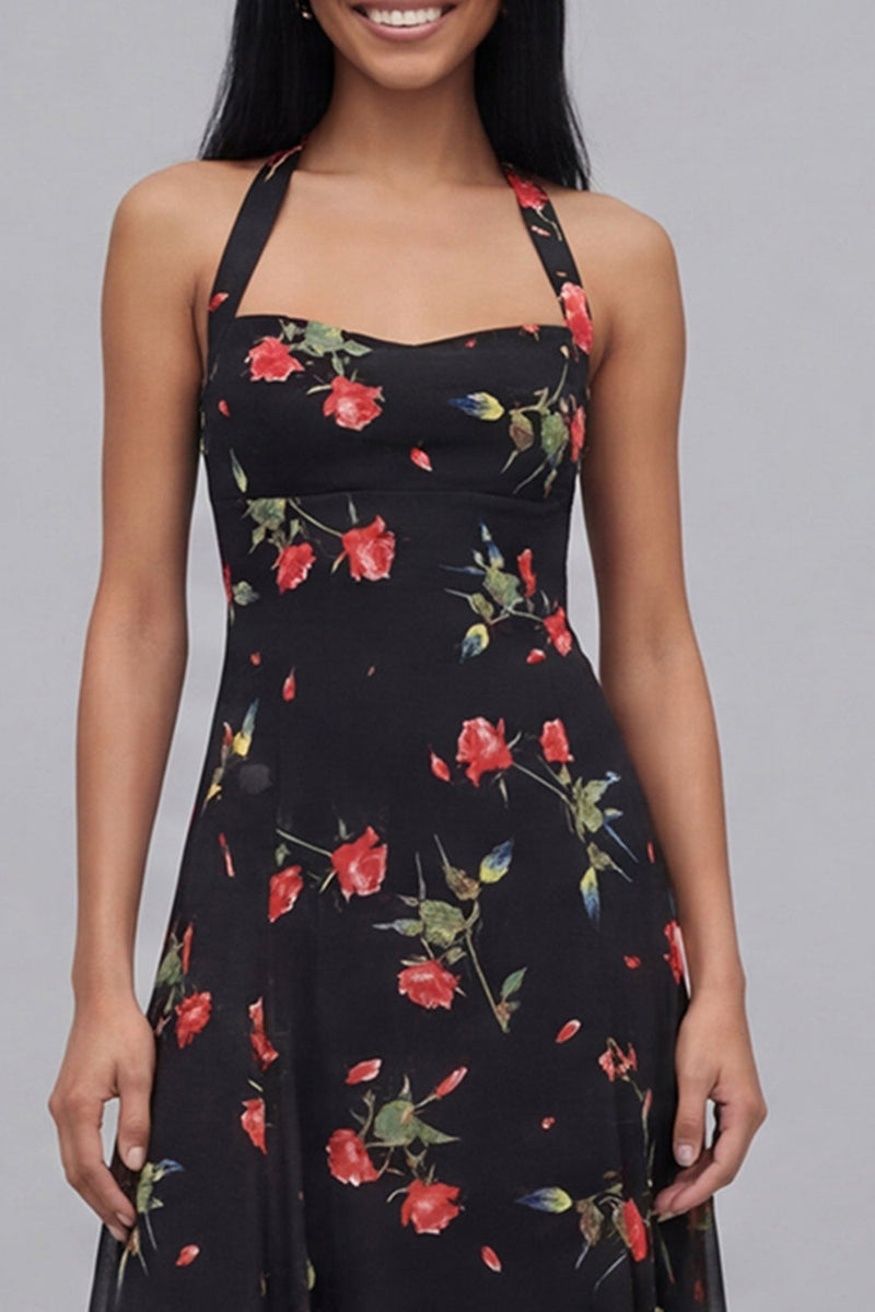 Load image into Gallery viewer, Black Halter Floral Maxi A Line Formal Dress