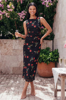 Load image into Gallery viewer, Black Round Neck Floral Ruched Sheath Maxi Formal Dress