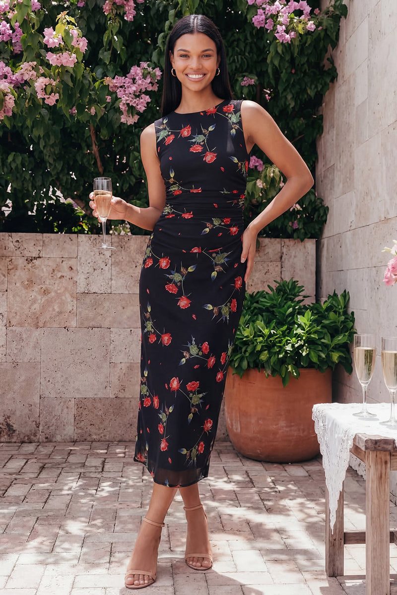 Load image into Gallery viewer, Black Round Neck Floral Ruched Sheath Maxi Formal Dress