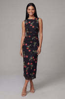 Load image into Gallery viewer, Black Round Neck Floral Ruched Sheath Maxi Formal Dress