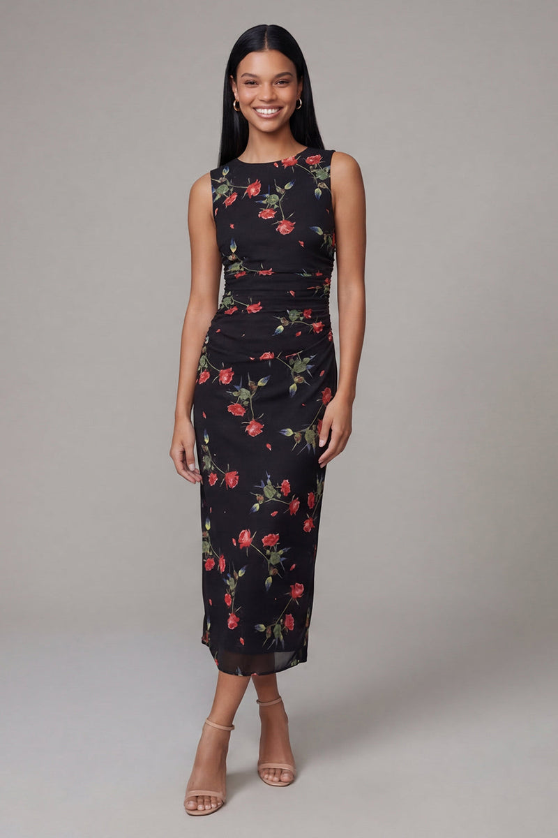 Load image into Gallery viewer, Black Round Neck Floral Ruched Sheath Maxi Formal Dress