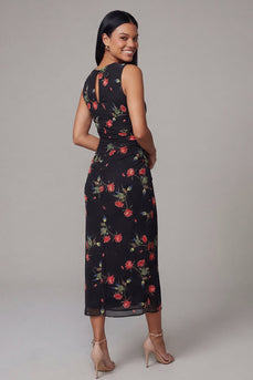 Black Round Neck Floral Ruched Sheath Maxi Formal Dress