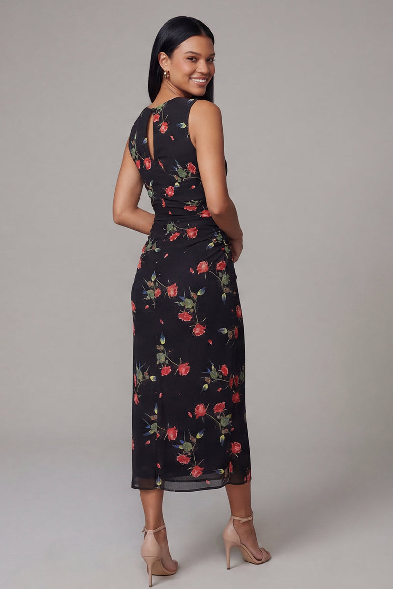 Load image into Gallery viewer, Black Round Neck Floral Ruched Sheath Maxi Formal Dress