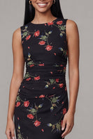 Load image into Gallery viewer, Black Round Neck Floral Ruched Sheath Maxi Formal Dress
