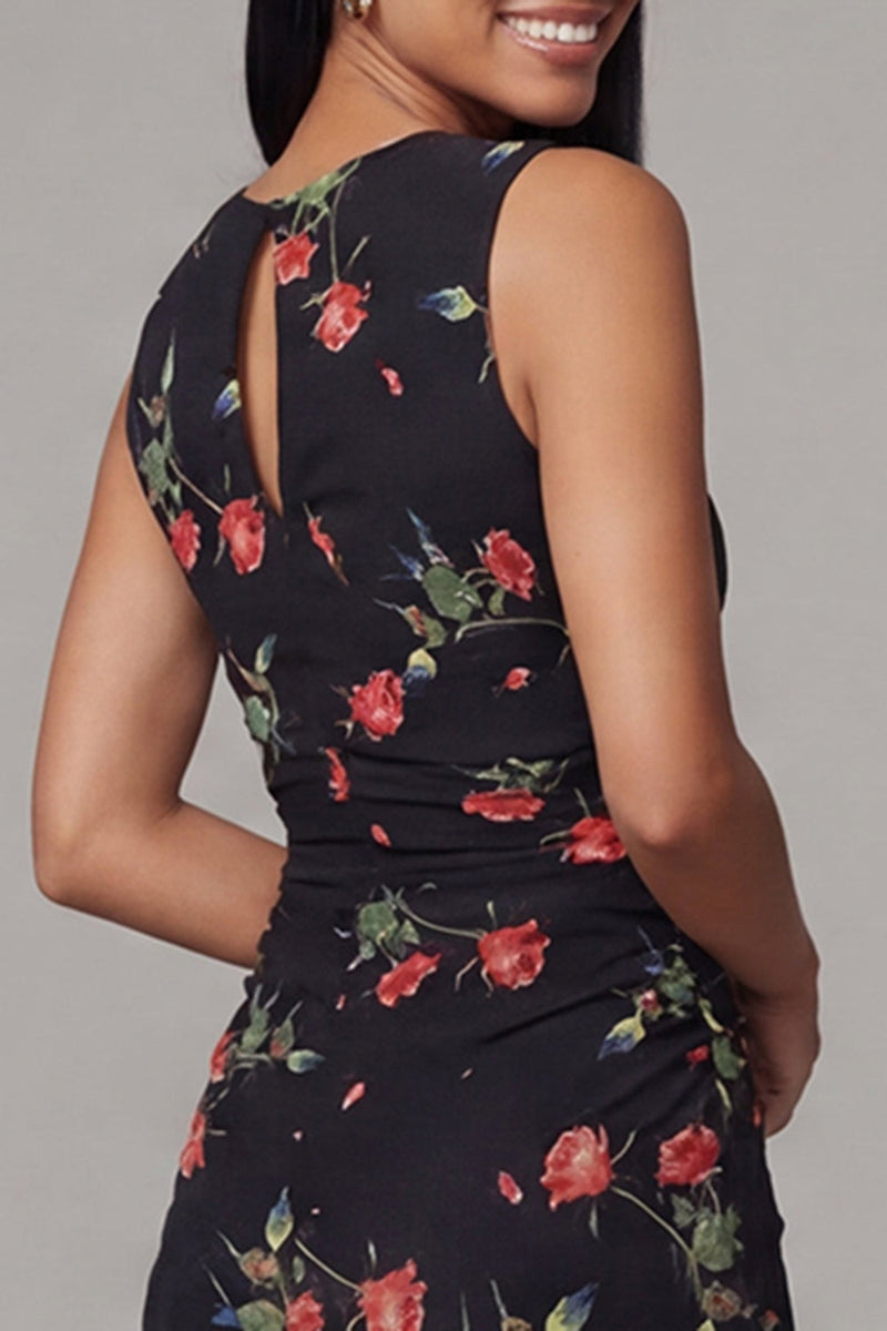 Load image into Gallery viewer, Black Round Neck Floral Ruched Sheath Maxi Formal Dress