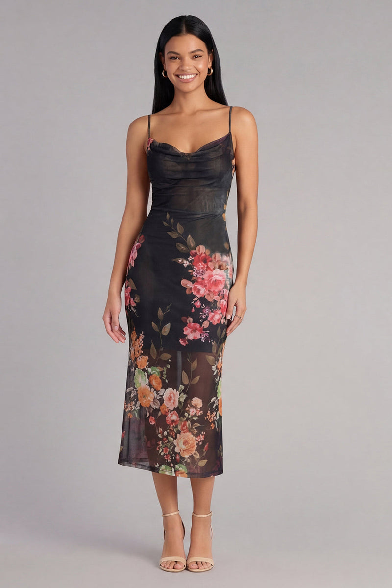 Load image into Gallery viewer, Black Floral Spaghetti Straps Maxi Bodycon Formal Dress