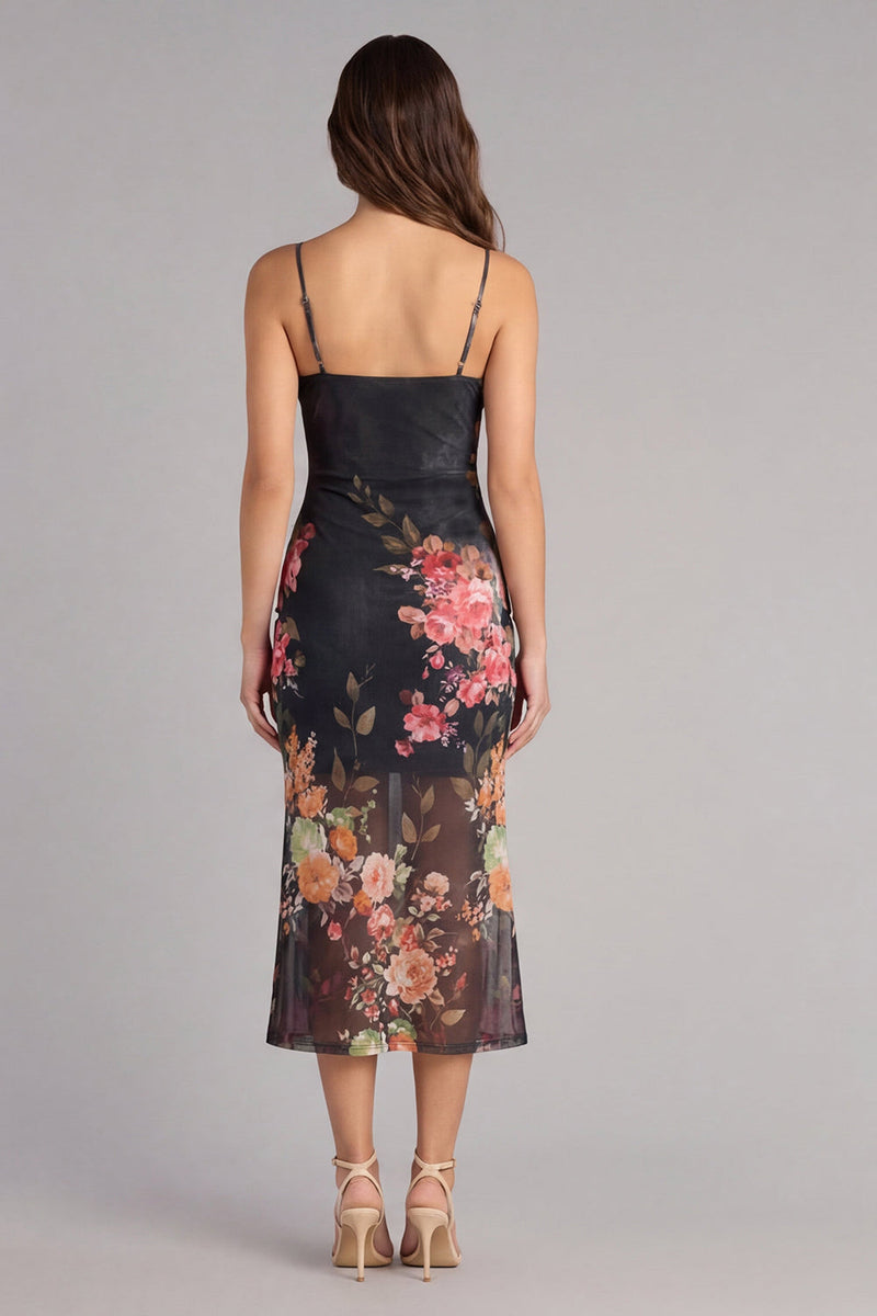 Load image into Gallery viewer, Black Floral Spaghetti Straps Maxi Bodycon Formal Dress