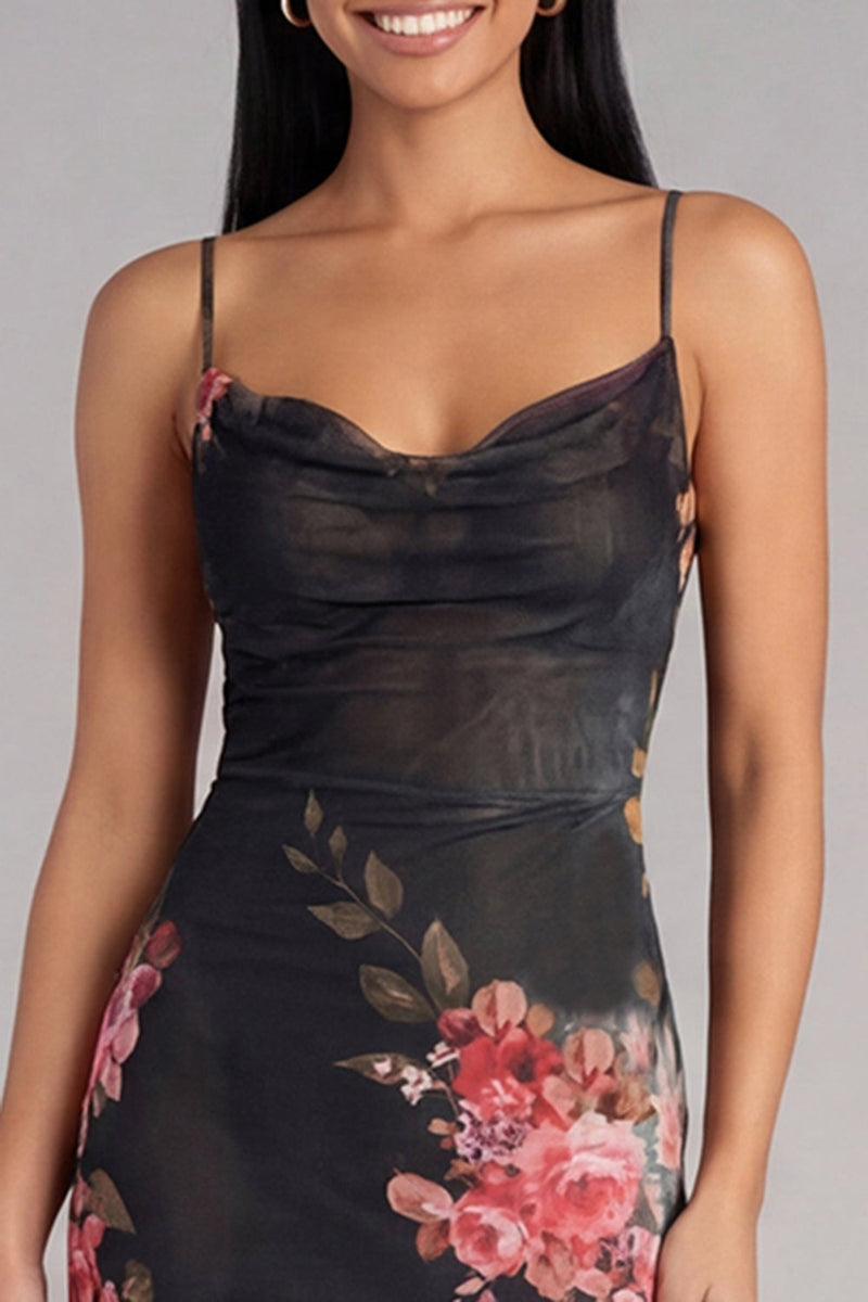 Load image into Gallery viewer, Black Floral Spaghetti Straps Maxi Bodycon Formal Dress