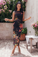 Load image into Gallery viewer, Black Bateau Neck Floral Maxi Bodycon Ruched Formal Dress