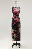 Load image into Gallery viewer, Black Bateau Neck Floral Maxi Bodycon Ruched Formal Dress