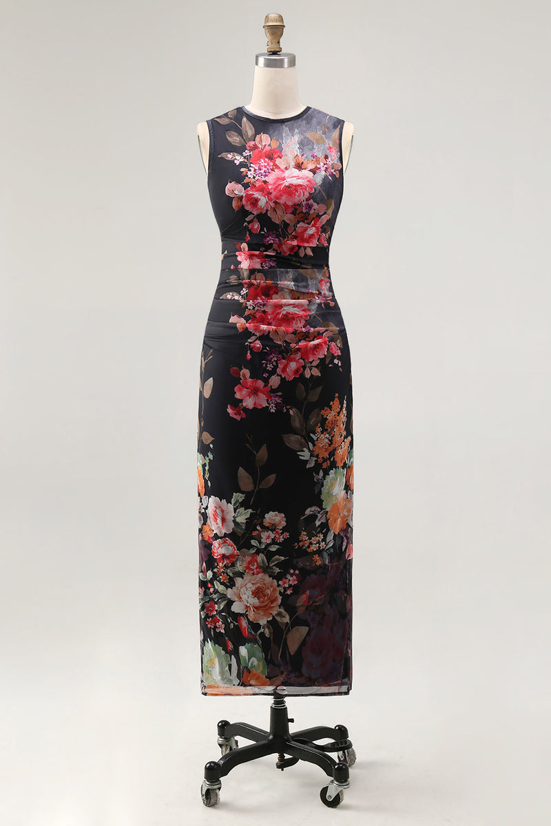 Load image into Gallery viewer, Black Bateau Neck Floral Maxi Bodycon Ruched Formal Dress