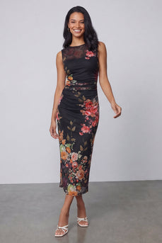 Black Bateau Neck Floral Maxi Bodycon Ruched Formal Dress