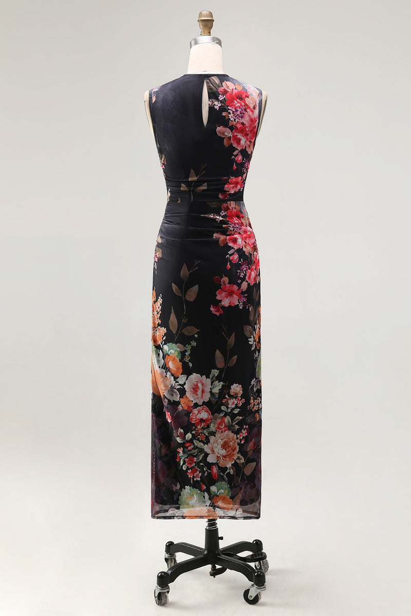 Load image into Gallery viewer, Black Bateau Neck Floral Maxi Bodycon Ruched Formal Dress