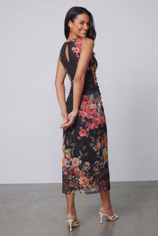 Black Bateau Neck Floral Maxi Bodycon Ruched Formal Dress