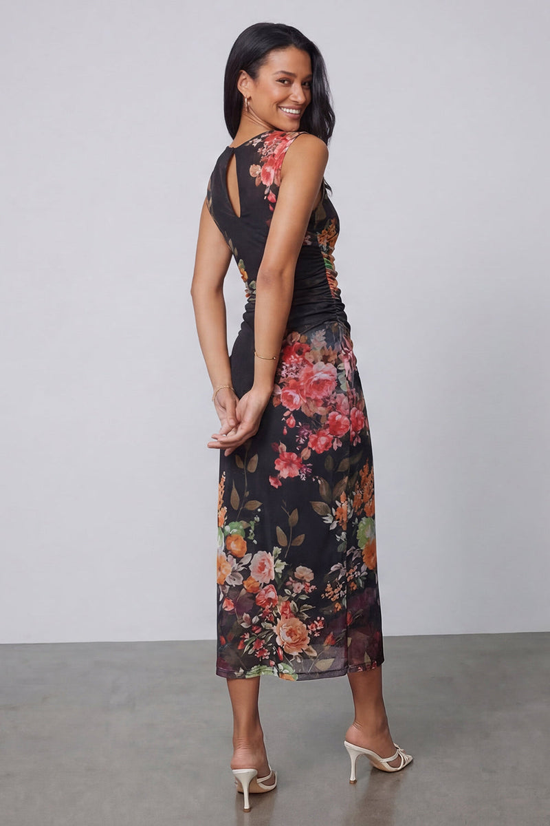 Load image into Gallery viewer, Black Bateau Neck Floral Maxi Bodycon Ruched Formal Dress