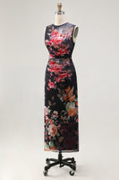 Load image into Gallery viewer, Black Bateau Neck Floral Maxi Bodycon Ruched Formal Dress