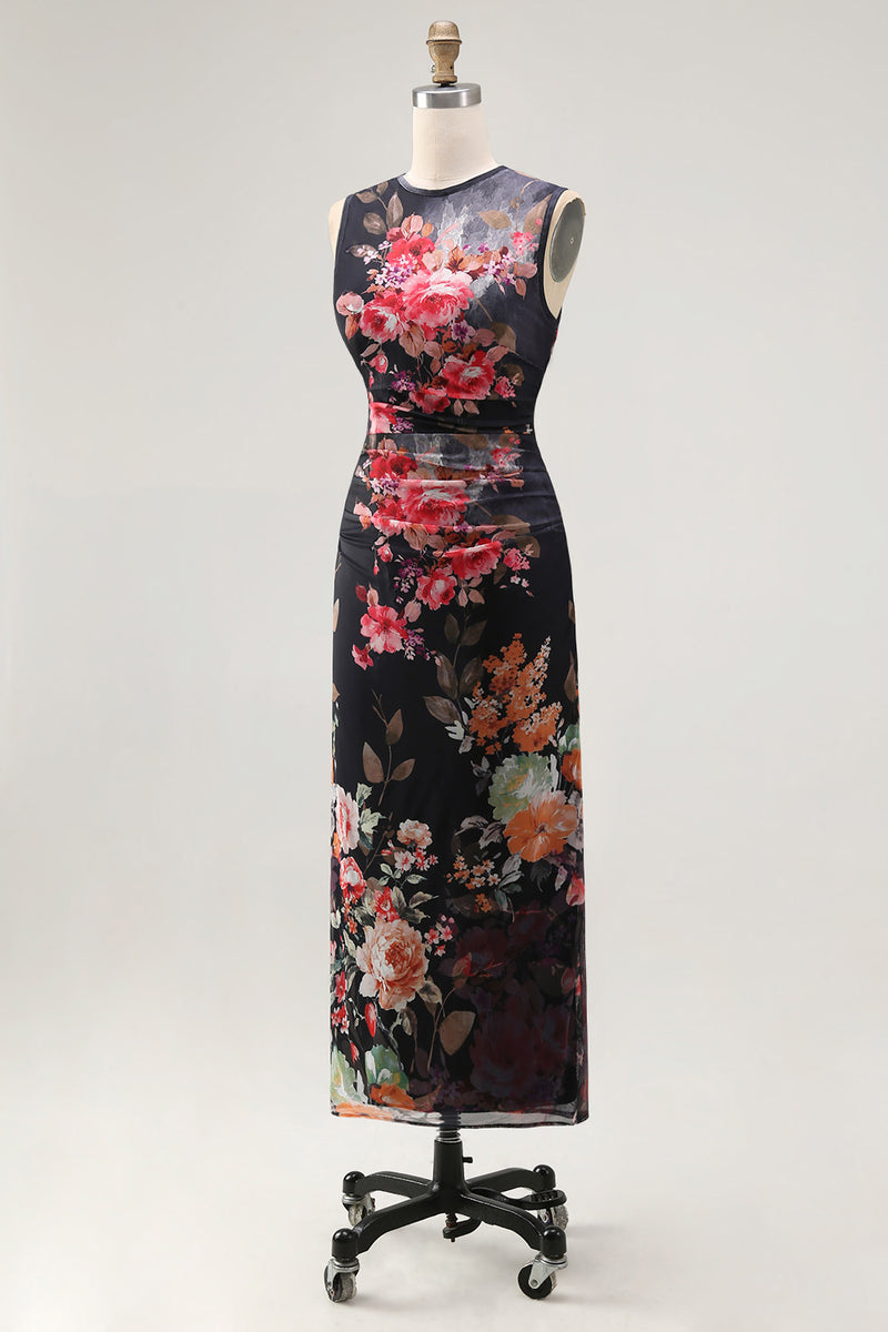 Load image into Gallery viewer, Black Bateau Neck Floral Maxi Bodycon Ruched Formal Dress