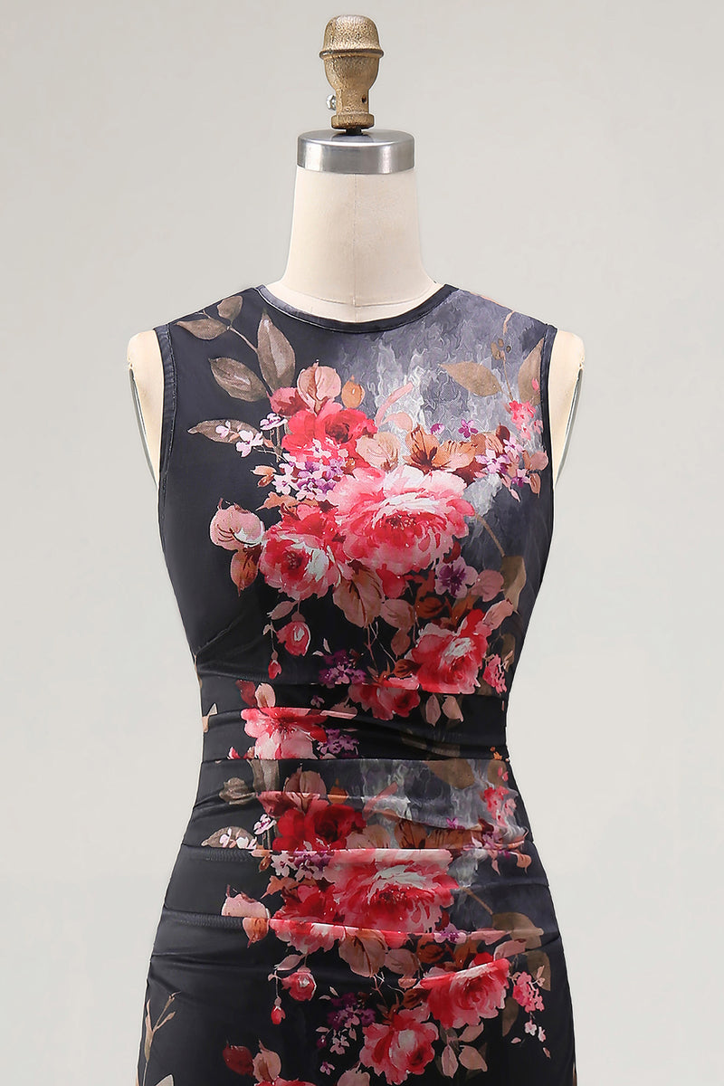 Load image into Gallery viewer, Black Bateau Neck Floral Maxi Bodycon Ruched Formal Dress