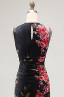 Load image into Gallery viewer, Black Bateau Neck Floral Maxi Bodycon Ruched Formal Dress
