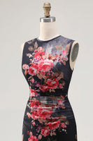 Load image into Gallery viewer, Black Bateau Neck Floral Maxi Bodycon Ruched Formal Dress