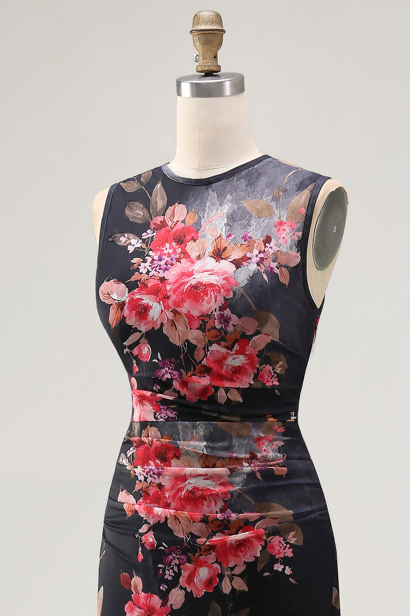 Load image into Gallery viewer, Black Bateau Neck Floral Maxi Bodycon Ruched Formal Dress