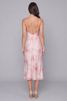 Sparkly Pink Floral Spaghetti Straps Maxi Bodycon Formal Dress