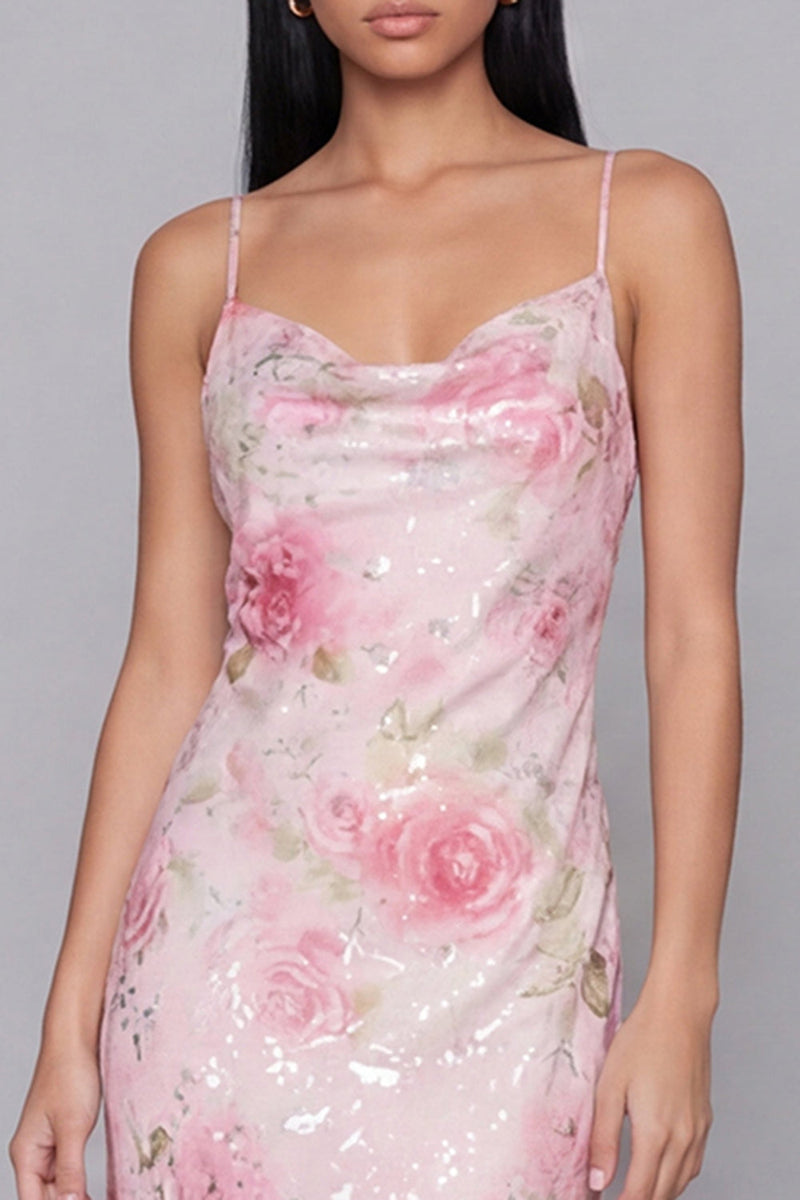 Load image into Gallery viewer, Sparkly Pink Floral Spaghetti Straps Maxi Bodycon Formal Dress