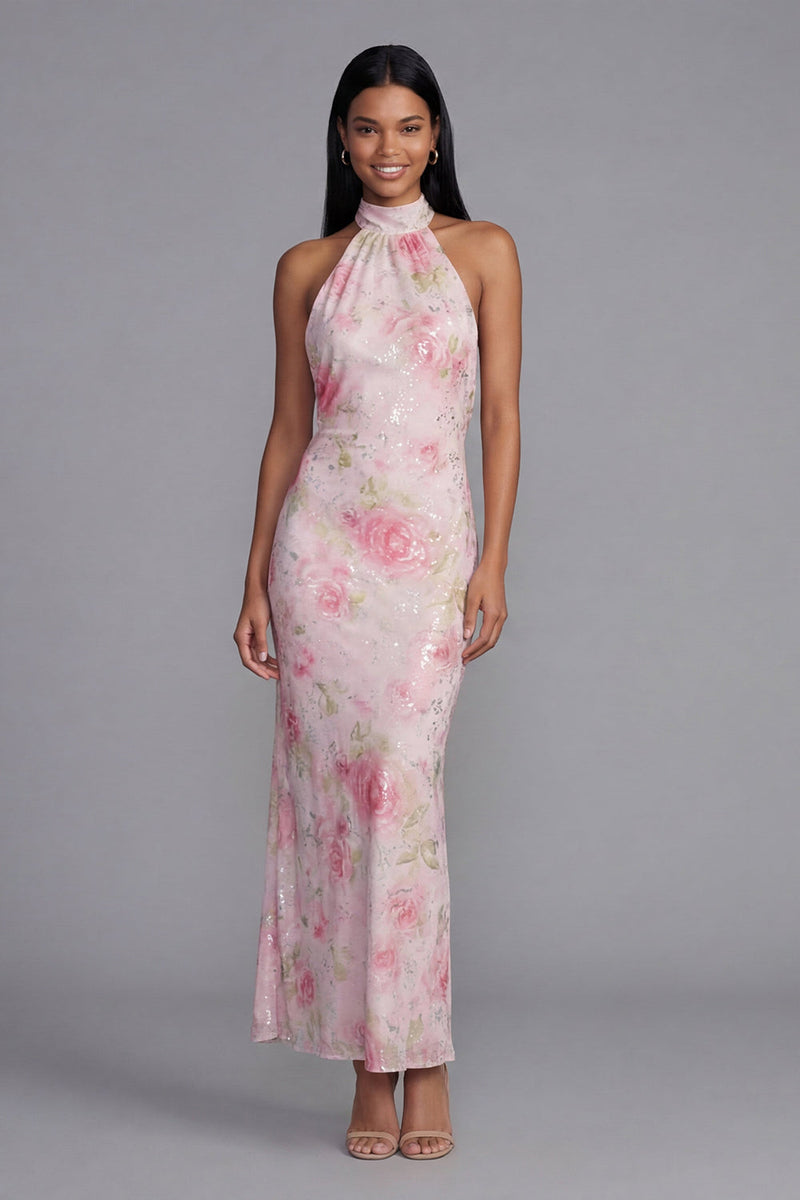 Load image into Gallery viewer, Sparkly Pink Flower Sequin Maxi Sheath Floral Formal Dress