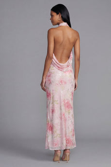 Sparkly Pink Flower Sequin Maxi Sheath Floral Formal Dress