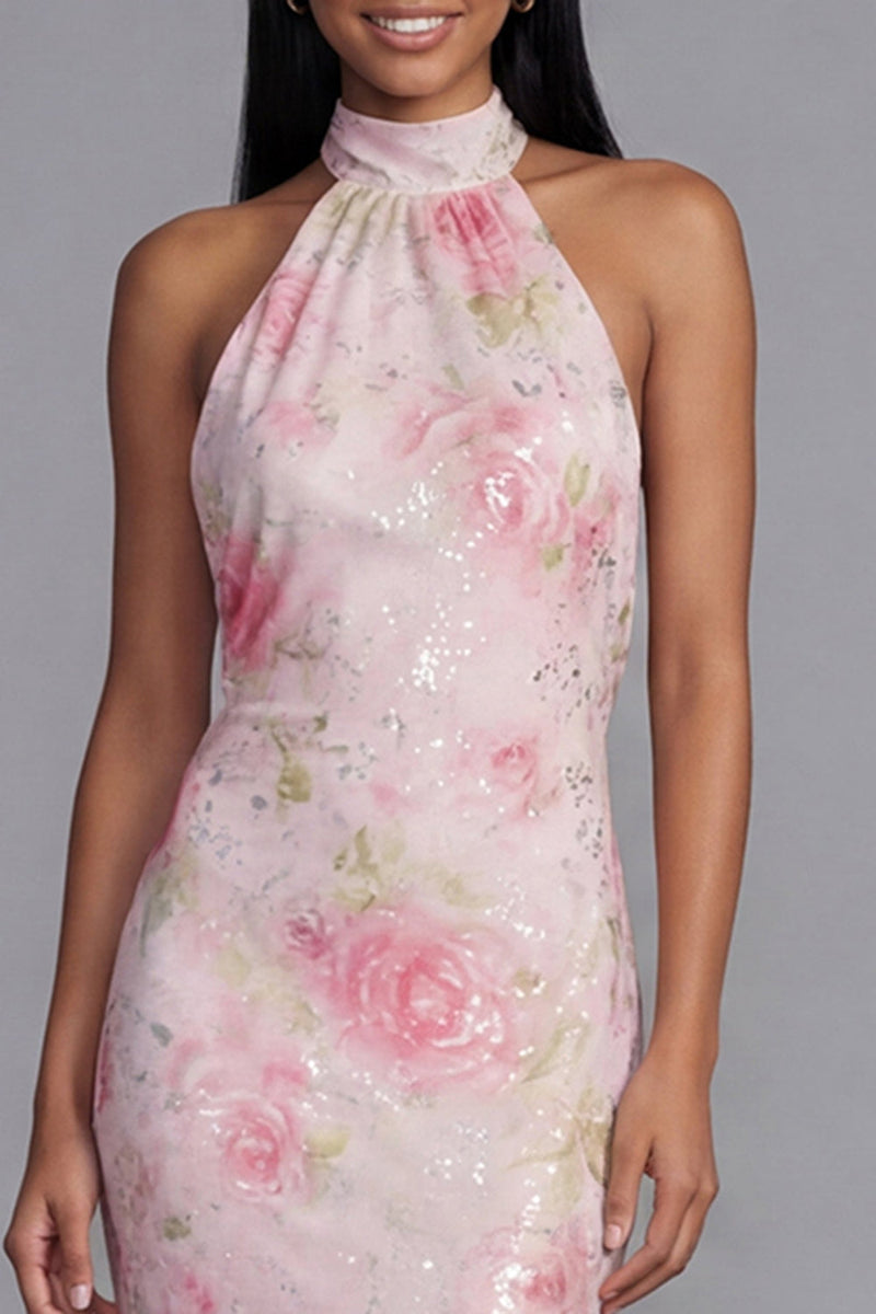 Load image into Gallery viewer, Sparkly Pink Flower Sequin Maxi Sheath Floral Formal Dress