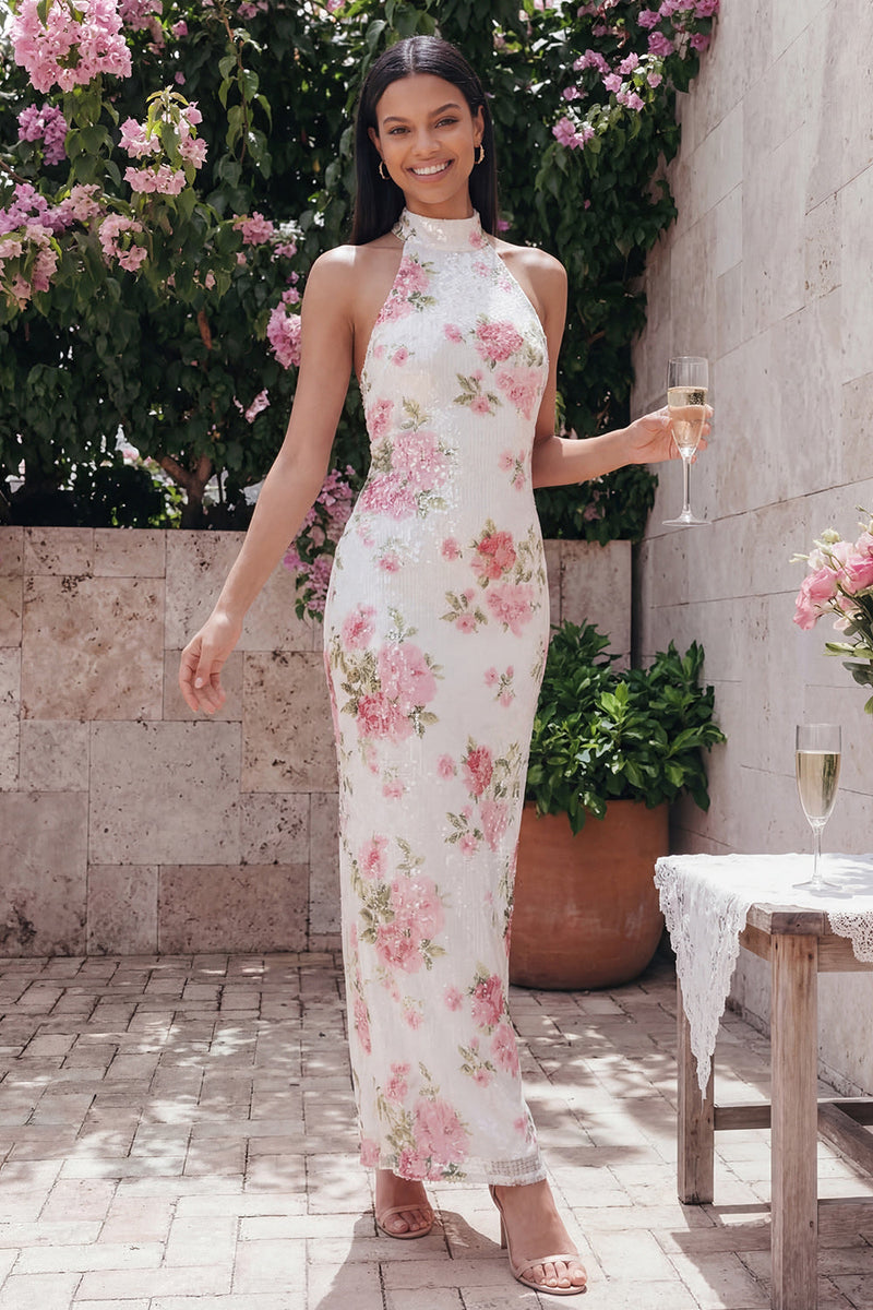Load image into Gallery viewer, Sparkly Pink Flower Sequin Maxi Sheath Floral Formal Dress