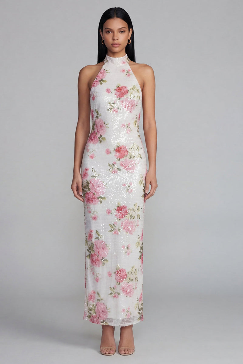 Load image into Gallery viewer, Sparkly Pink Flower Sequin Maxi Sheath Floral Formal Dress