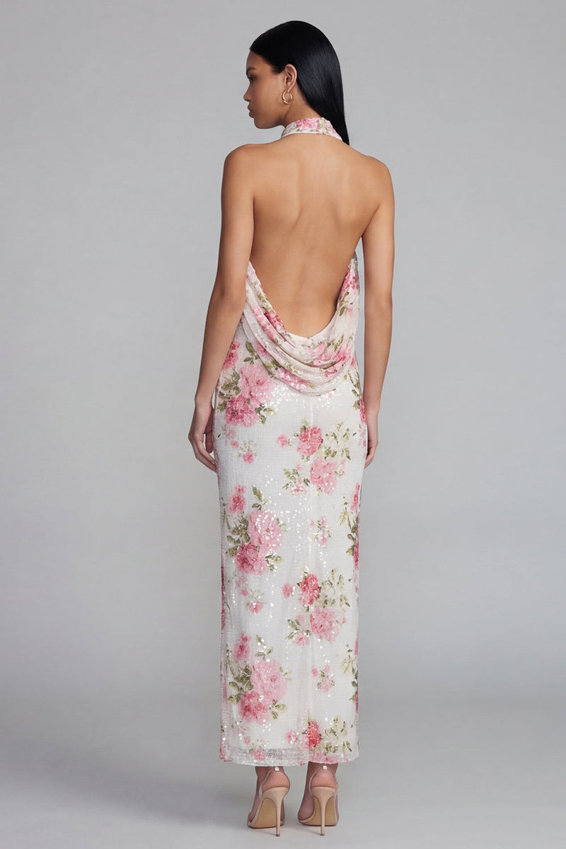 Load image into Gallery viewer, Sparkly Pink Flower Sequin Maxi Sheath Floral Formal Dress