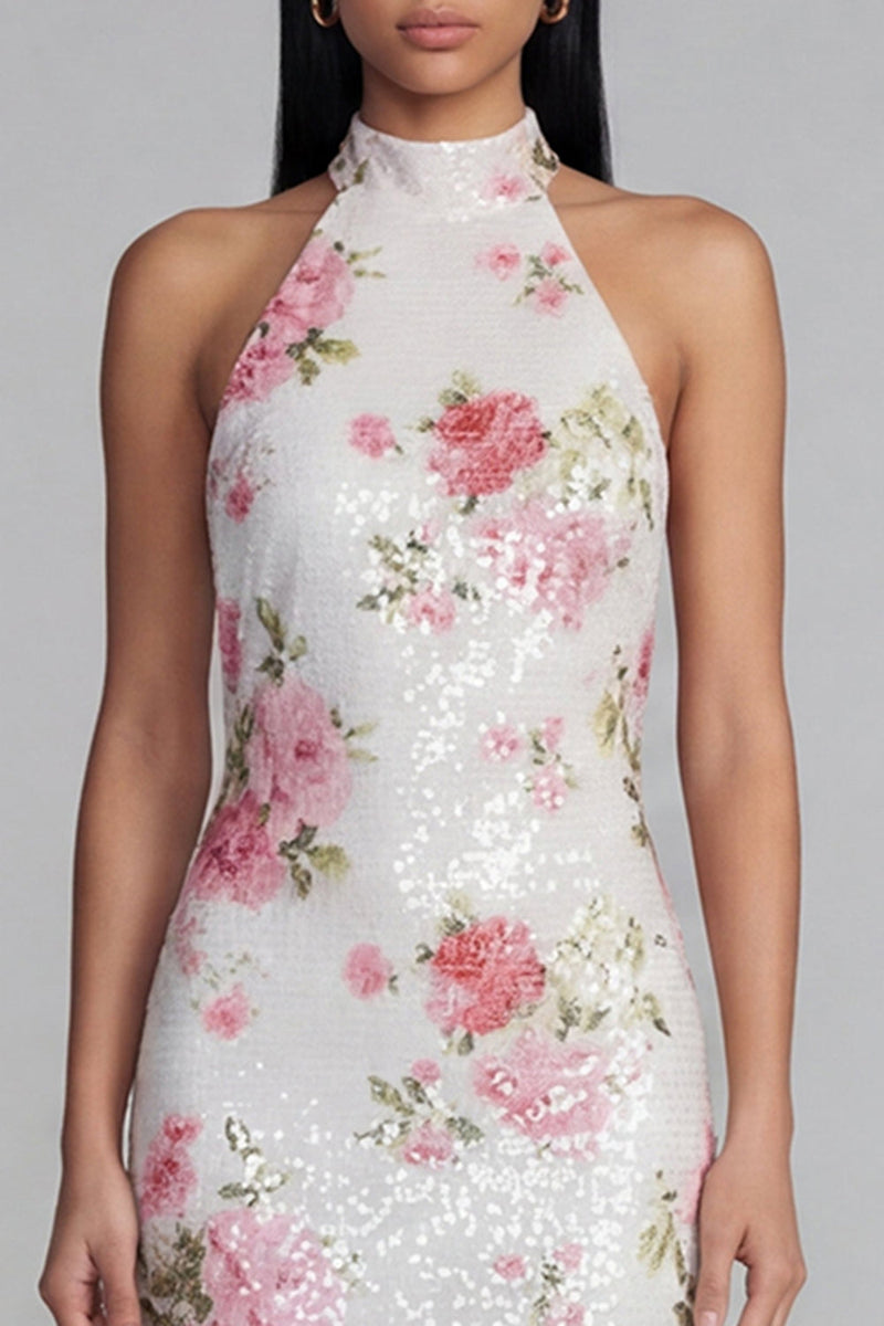 Load image into Gallery viewer, Sparkly Pink Flower Sequin Maxi Sheath Floral Formal Dress