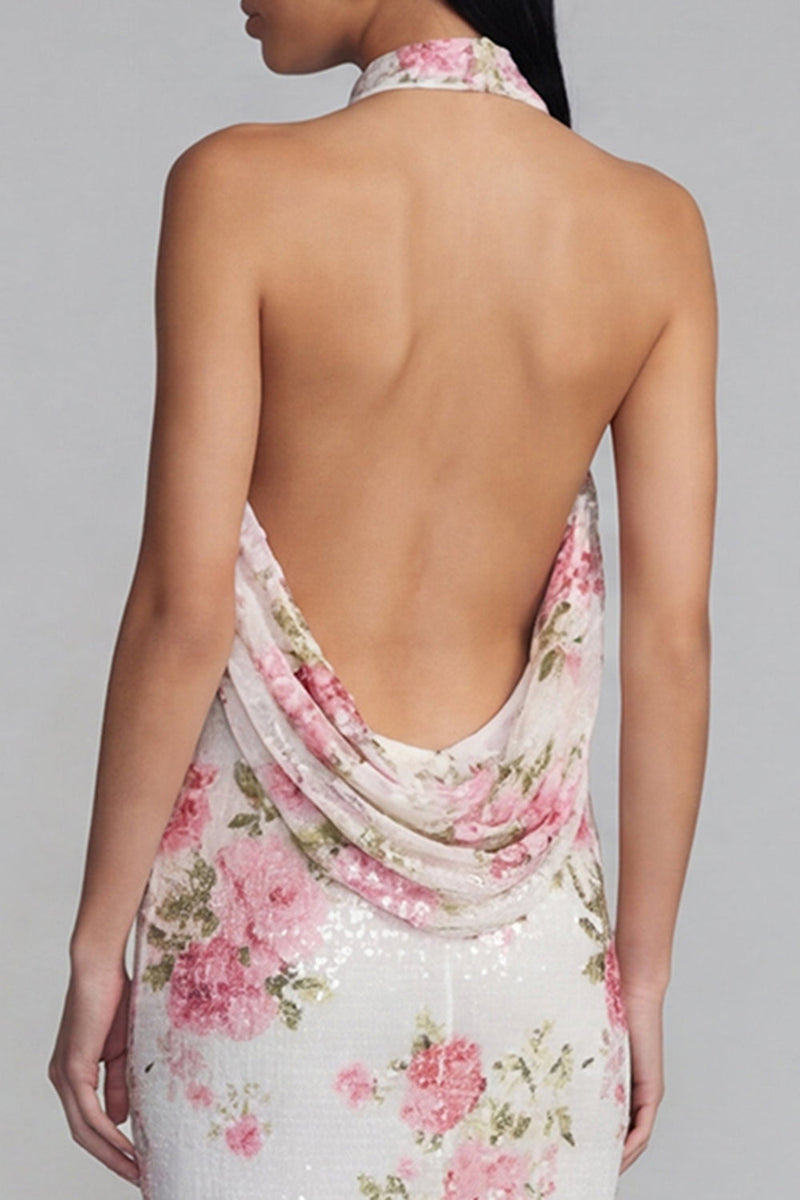 Load image into Gallery viewer, Sparkly Pink Flower Sequin Maxi Sheath Floral Formal Dress