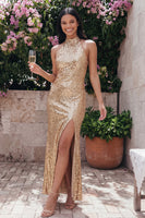 Load image into Gallery viewer, Sparkly Gold Sequin Maxi Formal Dress with Slit